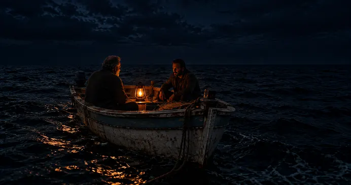 Two men in a small boat at night, from Anthiom